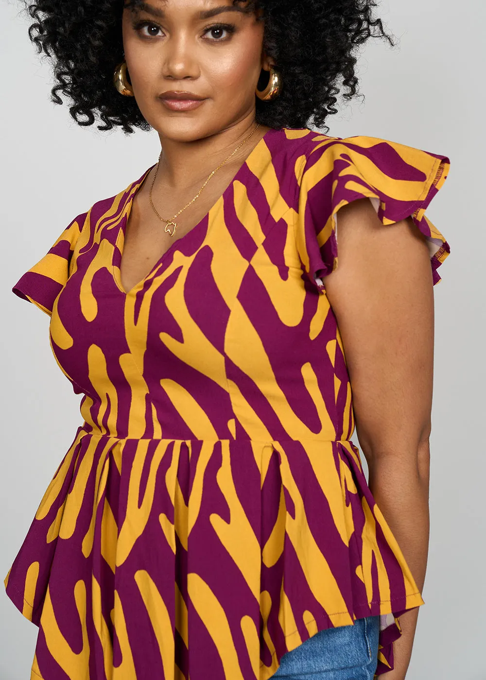 Zera Women's African Print Stretch Peplum Top (Gold Zebra Abstract)- Clearance
