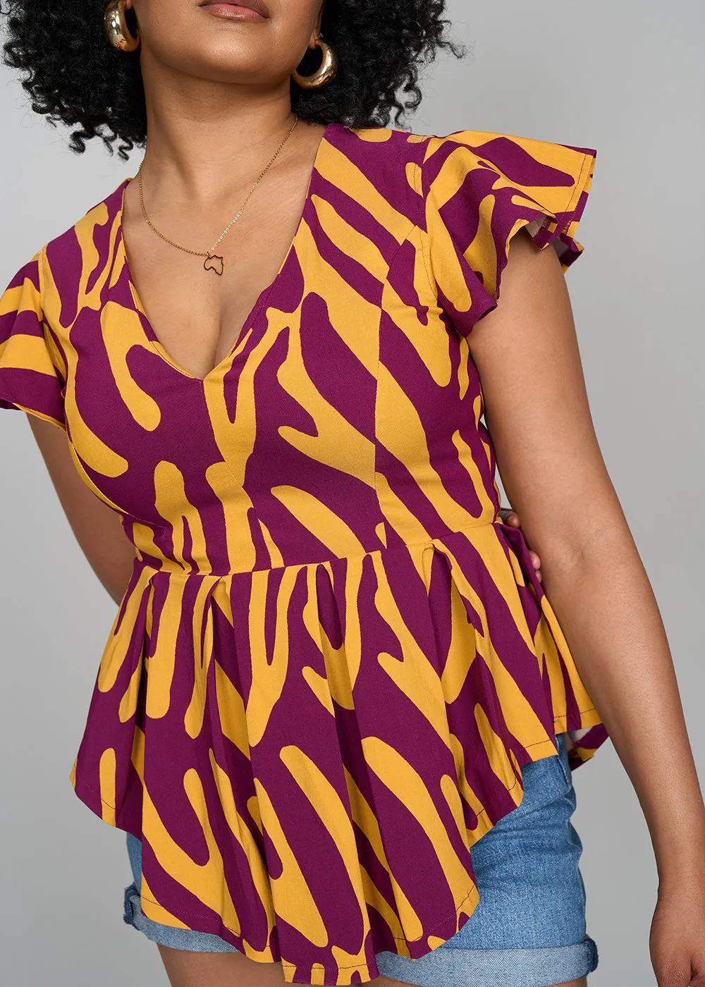 Zera Women's African Print Stretch Peplum Top (Gold Zebra Abstract)- Clearance