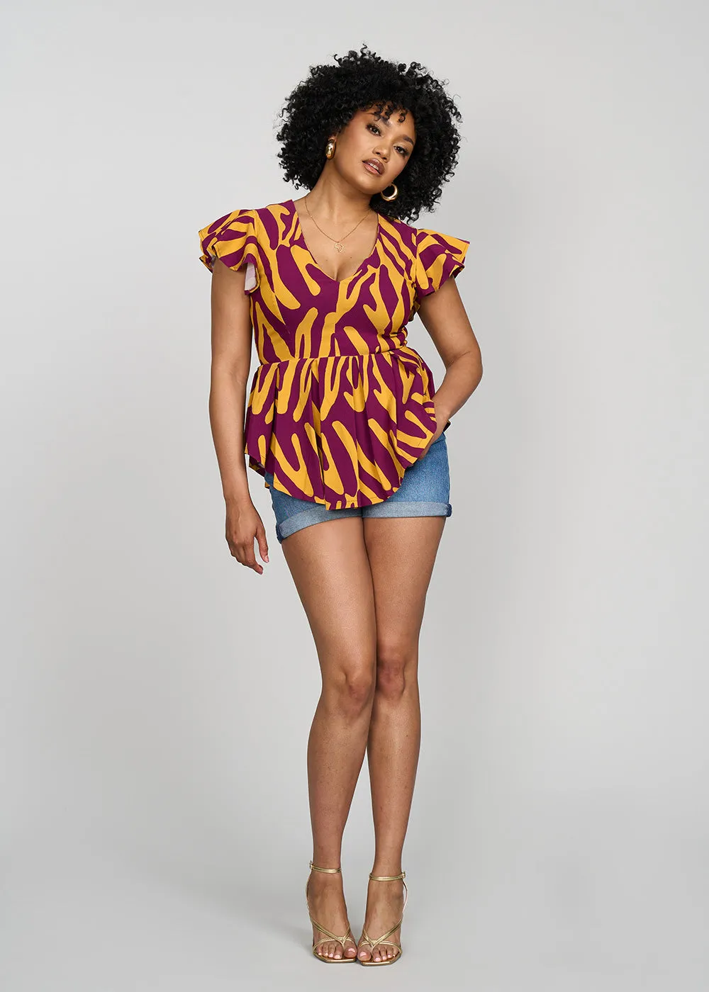 Zera Women's African Print Stretch Peplum Top (Gold Zebra Abstract)- Clearance