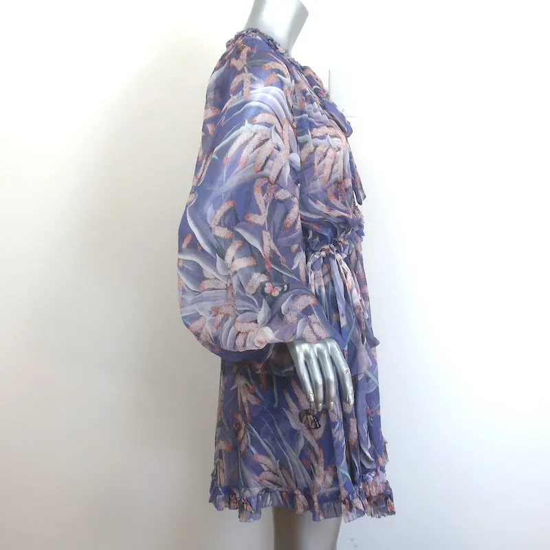 Zimmermann Botanica Tie-Neck Blouson Sleeve Dress Purple Floral Chiffon Size 1