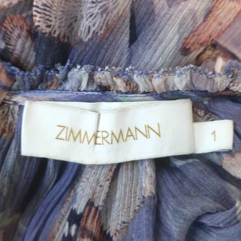 Zimmermann Botanica Tie-Neck Blouson Sleeve Dress Purple Floral Chiffon Size 1