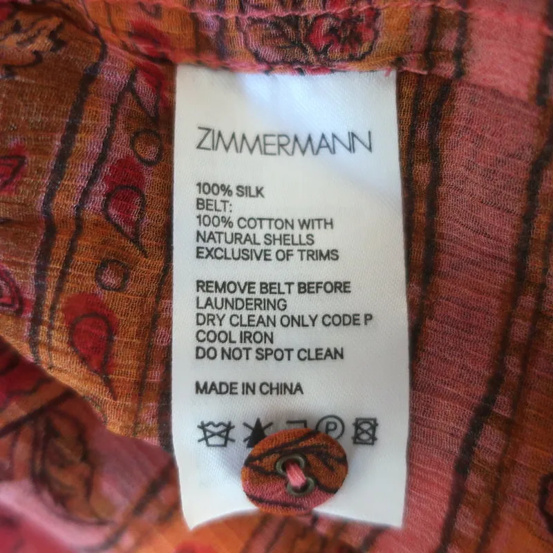 Zimmermann Edie Belted Maxi Dress Red Paisley Print Ruffled Silk Chiffon Size 0