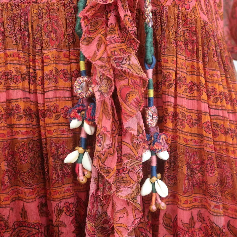 Zimmermann Edie Belted Maxi Dress Red Paisley Print Ruffled Silk Chiffon Size 0