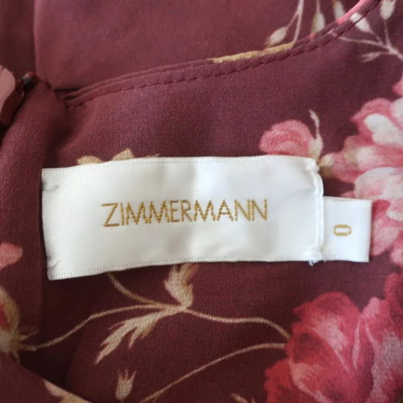 Zimmermann Mini Dress Unbridled Burgundy Draped Floral Print Stretch Silk Size 0