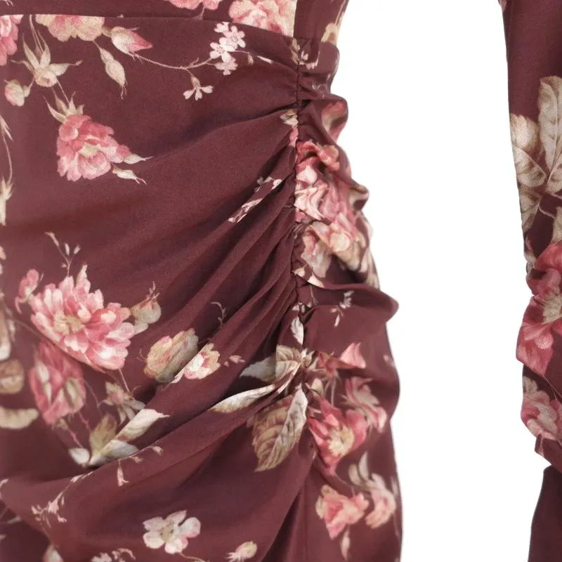 Zimmermann Mini Dress Unbridled Burgundy Draped Floral Print Stretch Silk Size 0