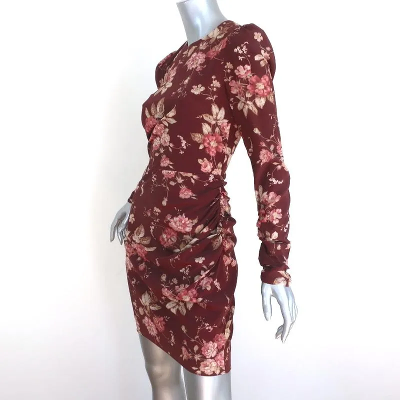 Zimmermann Mini Dress Unbridled Burgundy Draped Floral Print Stretch Silk Size 0