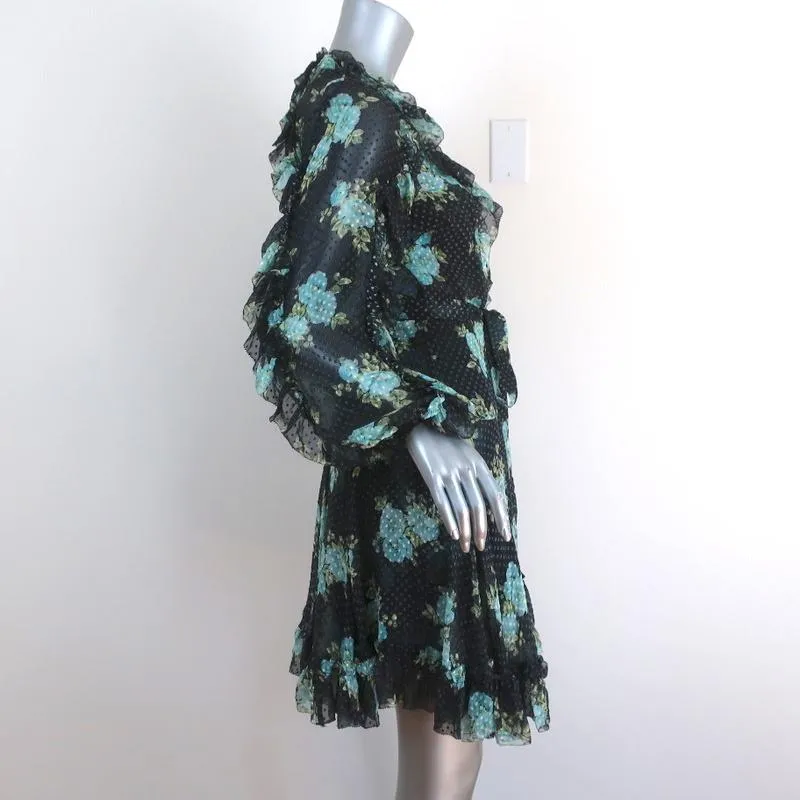 Zimmermann Ruffle Wrap Dress Whitewave Black Floral Print Chiffon Size 0