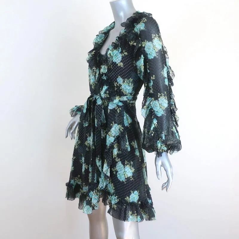 Zimmermann Ruffle Wrap Dress Whitewave Black Floral Print Chiffon Size 0