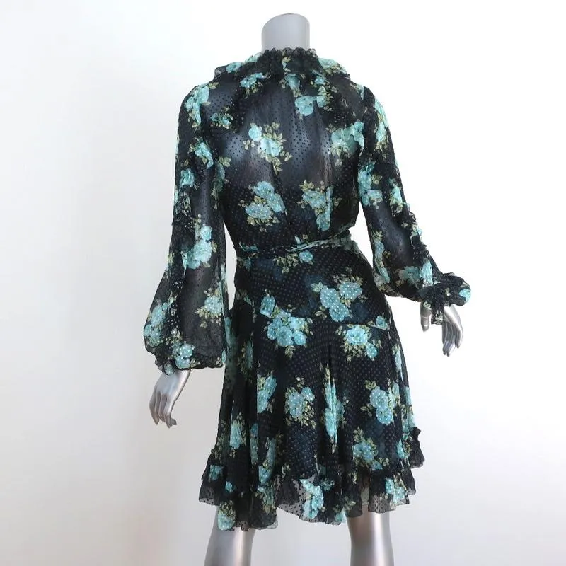 Zimmermann Ruffle Wrap Dress Whitewave Black Floral Print Chiffon Size 0