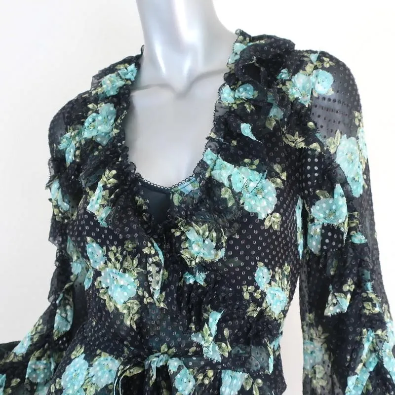 Zimmermann Ruffle Wrap Dress Whitewave Black Floral Print Chiffon Size 0