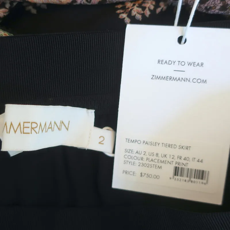 Zimmermann Tiered Midi Skirt Tempo Black Paisley Print Chiffon Size 2 NEW
