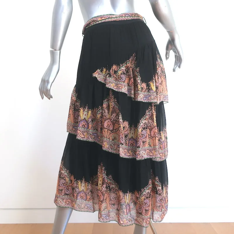 Zimmermann Tiered Midi Skirt Tempo Black Paisley Print Chiffon Size 2 NEW