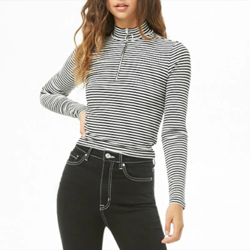 Zip-strap High-neck Long-sleeved Tight-fitting Striped T-shirt