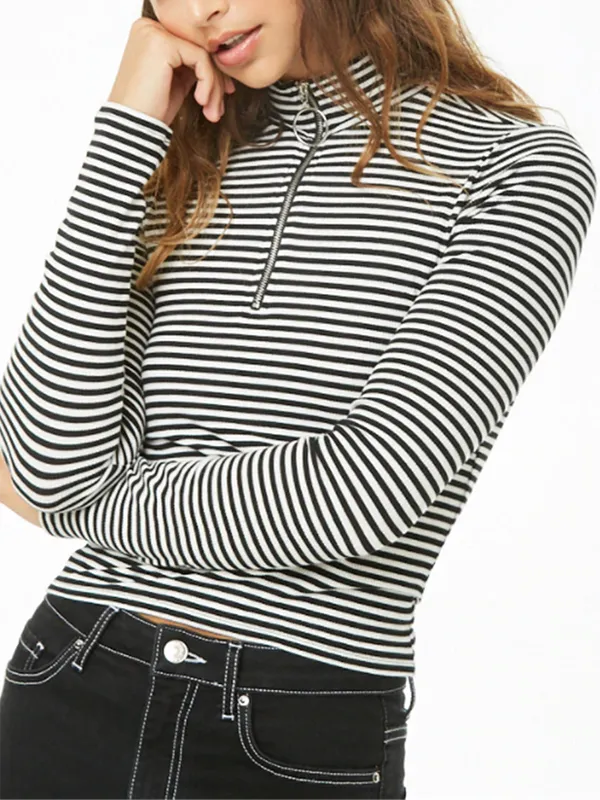 Zip-strap High-neck Long-sleeved Tight-fitting Striped T-shirt