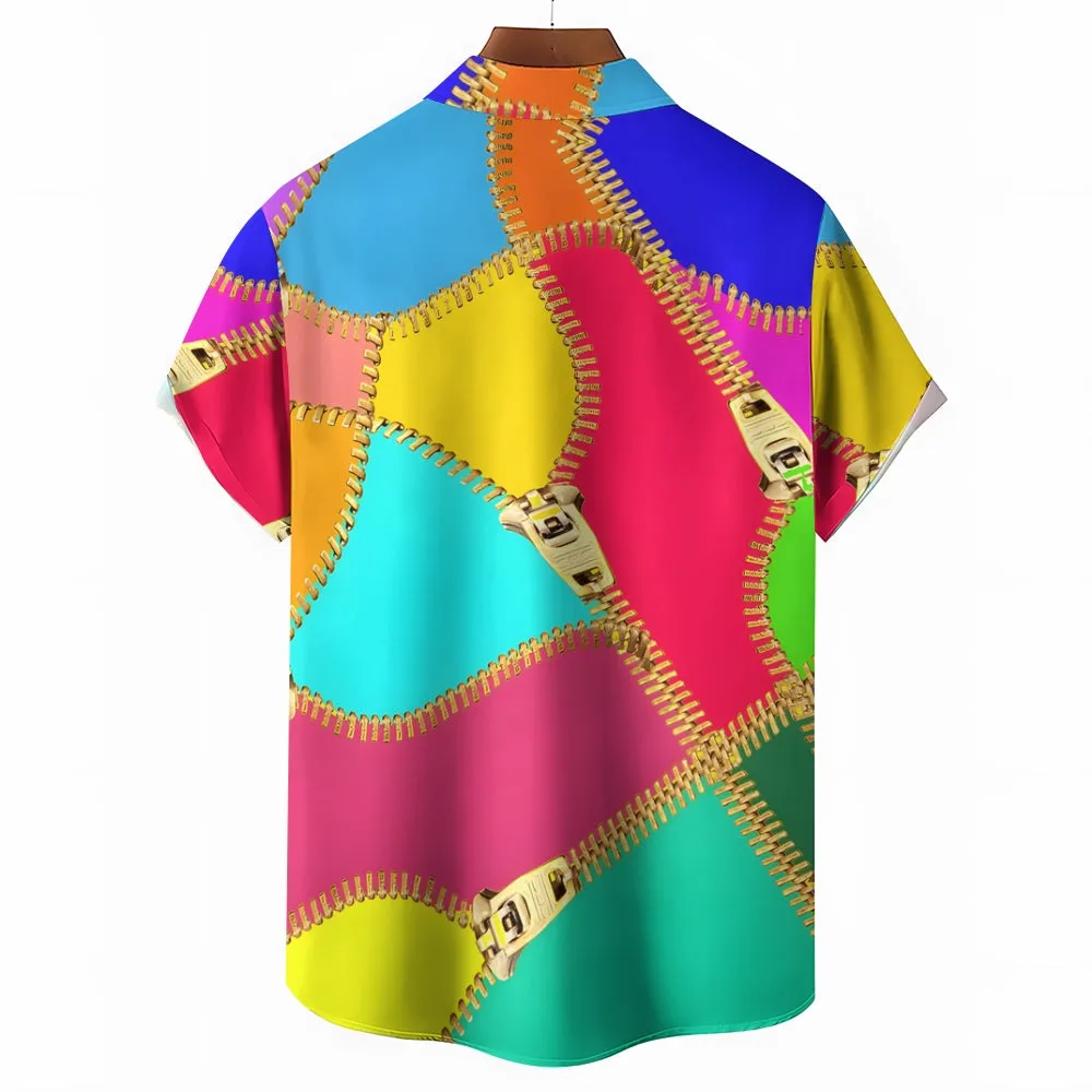 Zipper Color Stitching Art Print Short Sleeve Shirt 2411013439