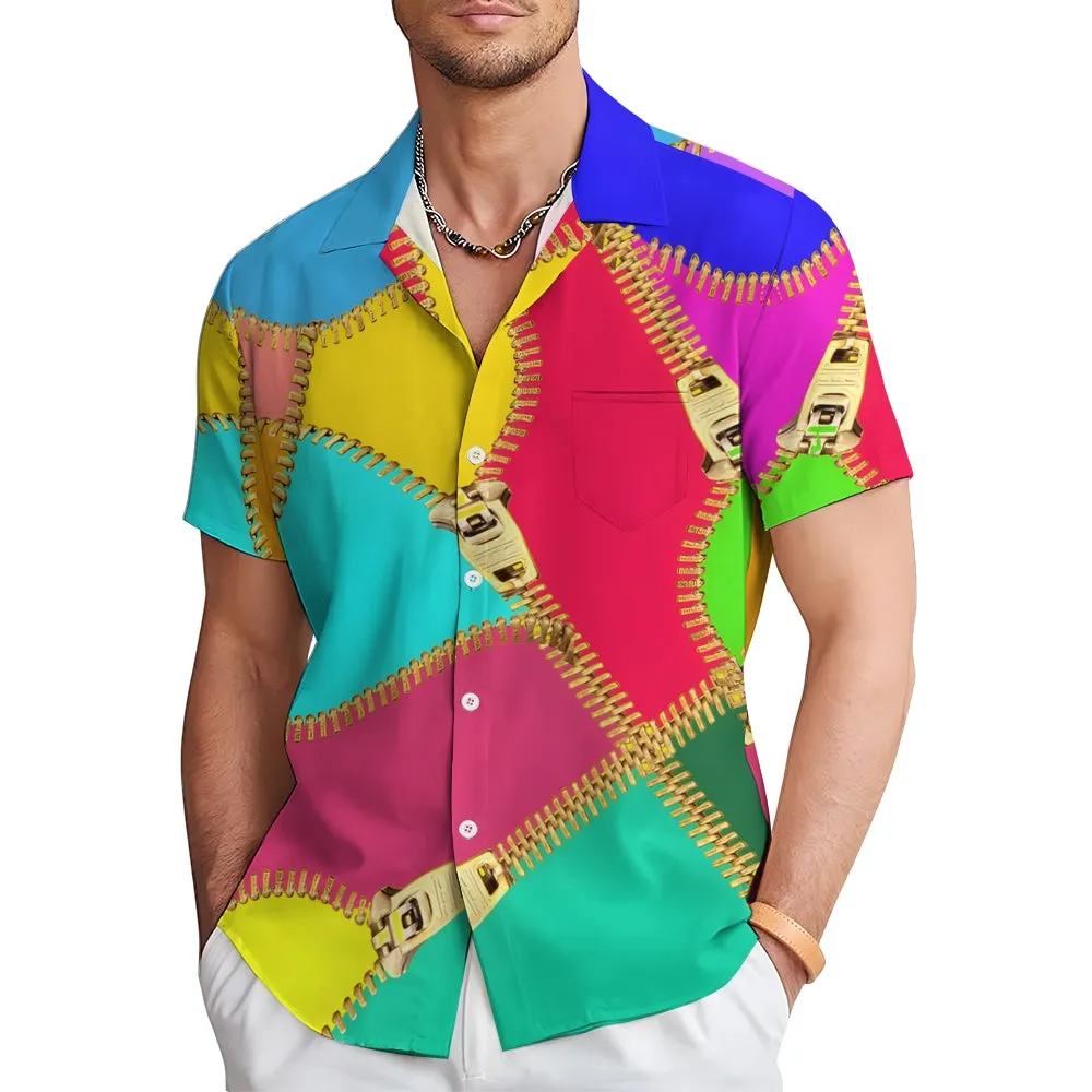 Zipper Color Stitching Art Print Short Sleeve Shirt 2411013439