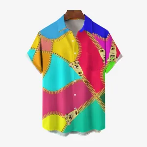 Zipper Color Stitching Art Print Short Sleeve Shirt 2411013439