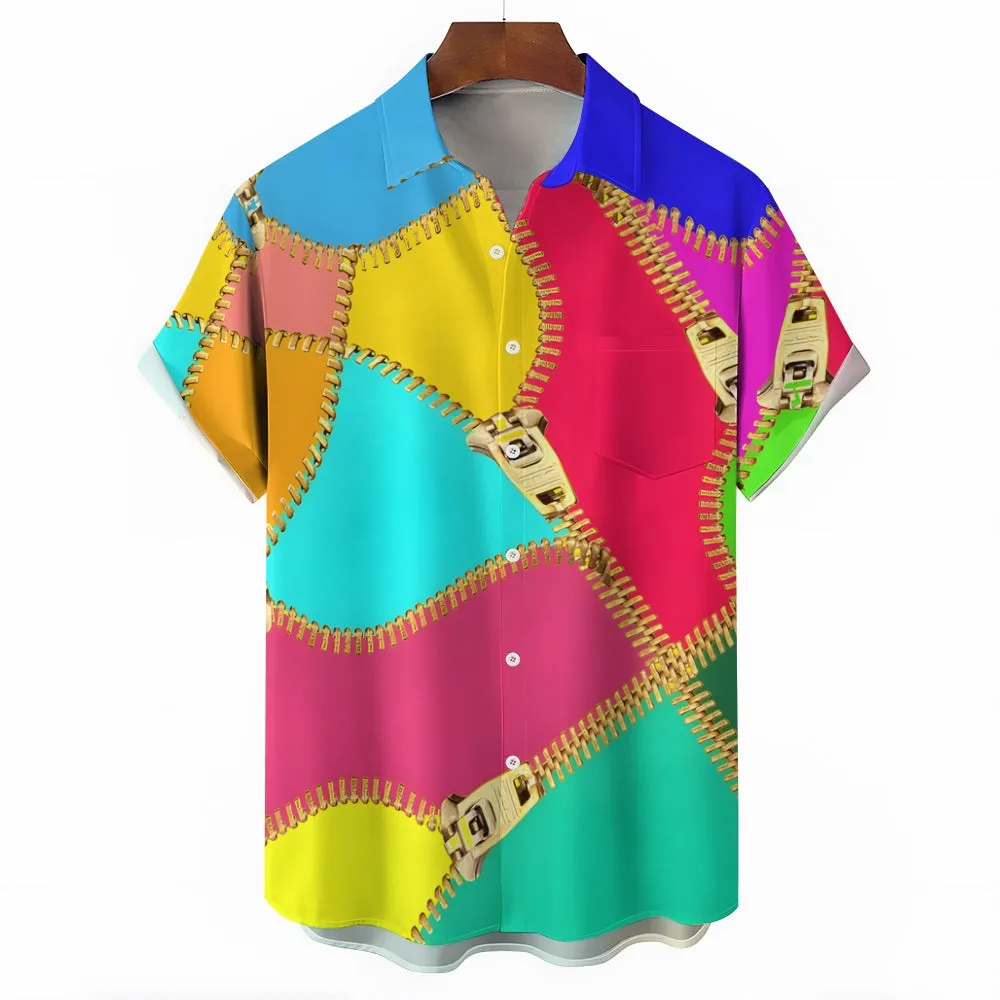 Zipper Color Stitching Art Print Short Sleeve Shirt 2411013439