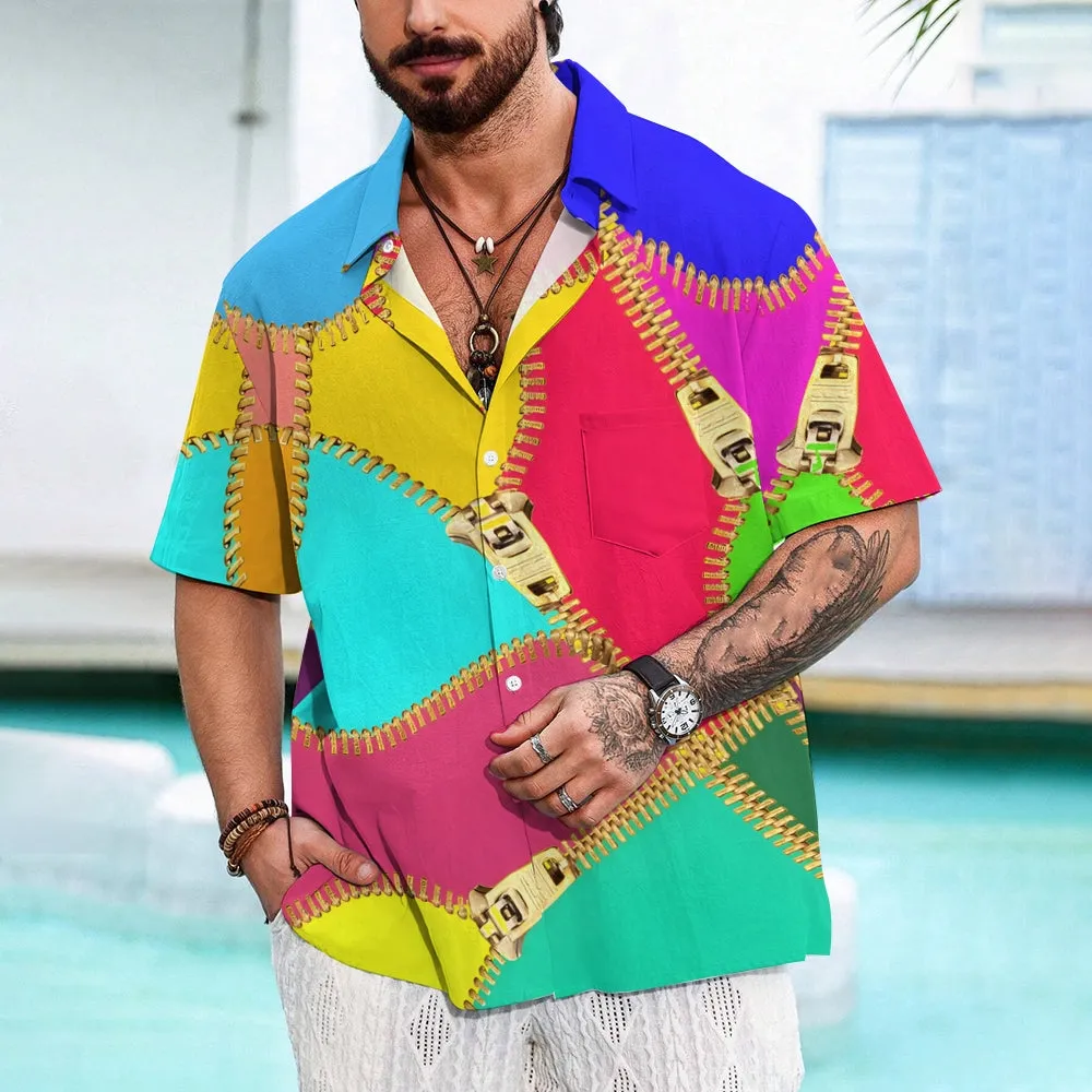 Zipper Color Stitching Art Print Short Sleeve Shirt 2411013439