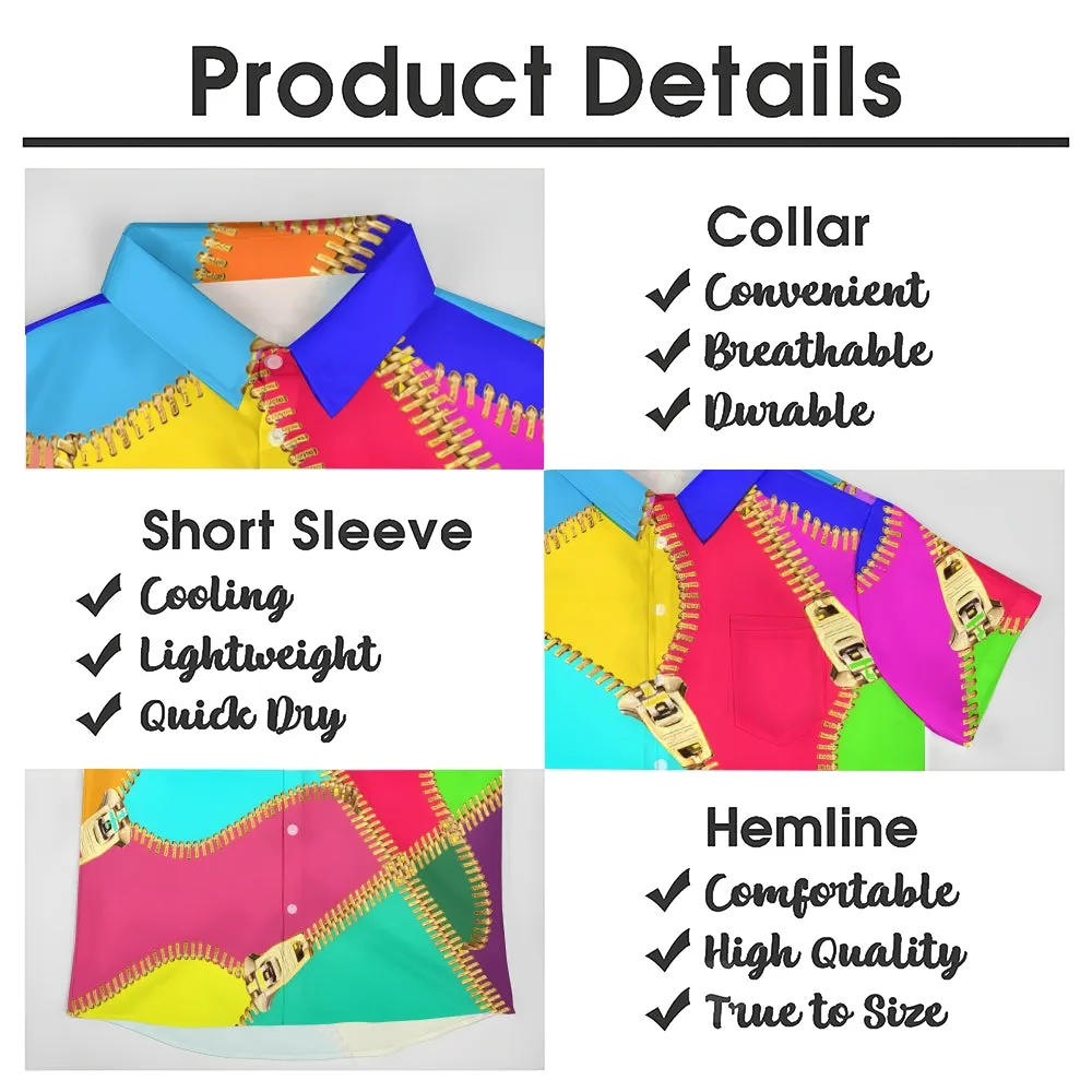 Zipper Color Stitching Art Print Short Sleeve Shirt 2411013439