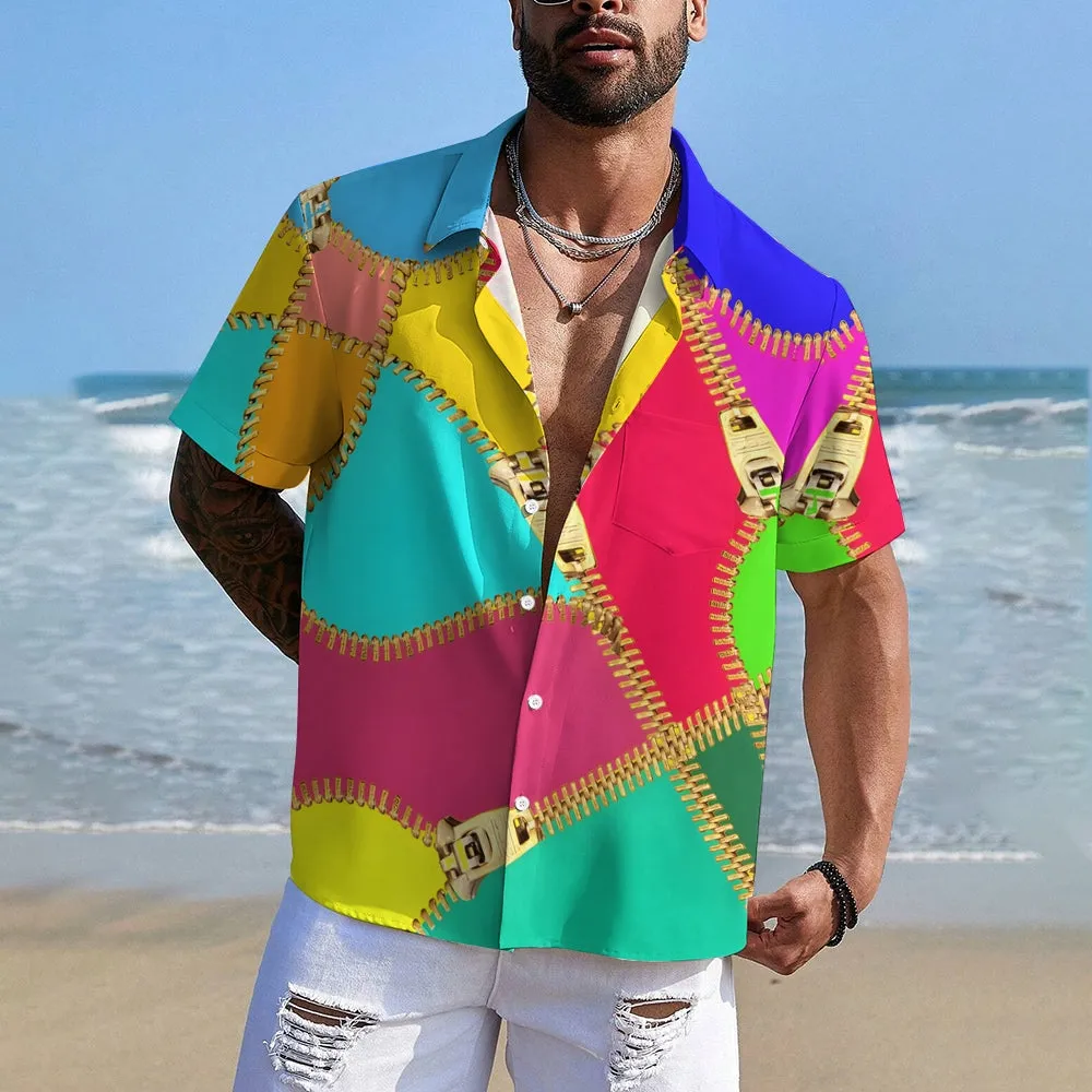 Zipper Color Stitching Art Print Short Sleeve Shirt 2411013439